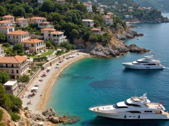 A scenic view of luxury property markets in the Mediterranean featuring the Athens Riviera, Marbella, Lake Como, and the French Riviera, with villas, turquoise waters, and yachts at golden hour