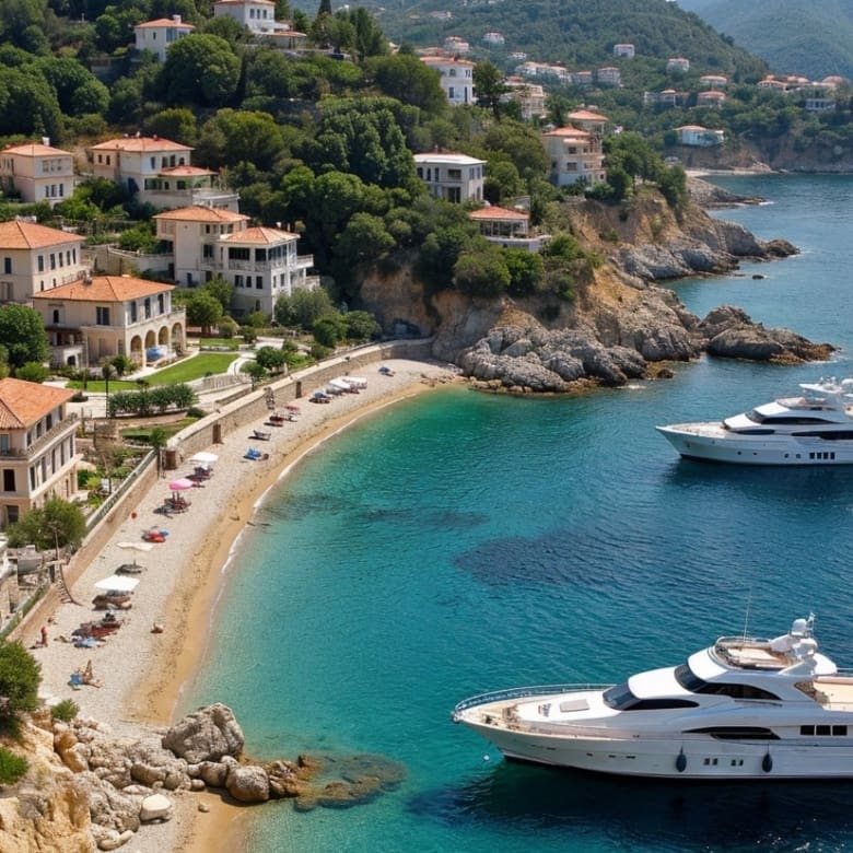 A scenic view of luxury property markets in the Mediterranean featuring the Athens Riviera, Marbella, Lake Como, and the French Riviera, with villas, turquoise waters, and yachts at golden hour