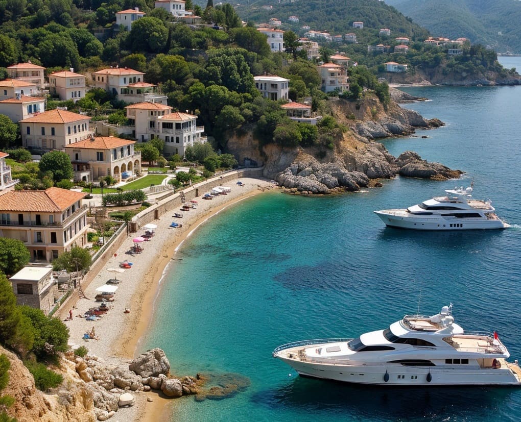 A scenic view of luxury property markets in the Mediterranean featuring the Athens Riviera, Marbella, Lake Como, and the French Riviera, with villas, turquoise waters, and yachts at golden hour