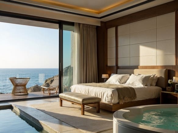 Elegant bedroom in a luxurious villa with floor-to-ceiling windows offering a stunning view of the Aegean Sea.