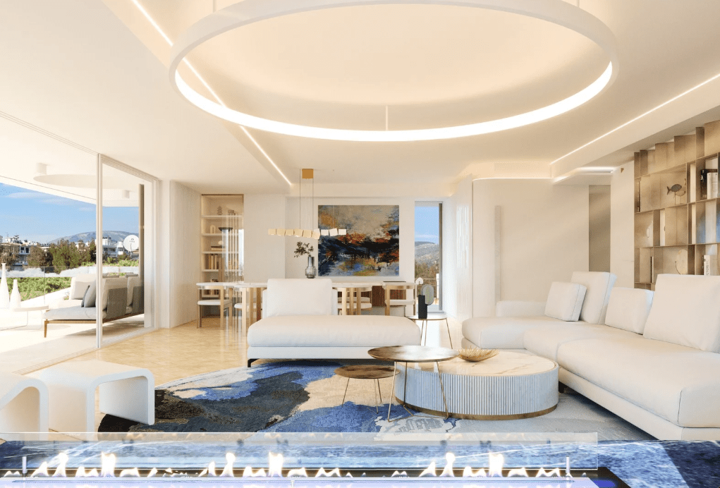 Elegant 3-level maisonette in Voula, offering luxury living just 80 meters from the beach, featuring modern design, smart home technology, and a private garden with a swimming pool