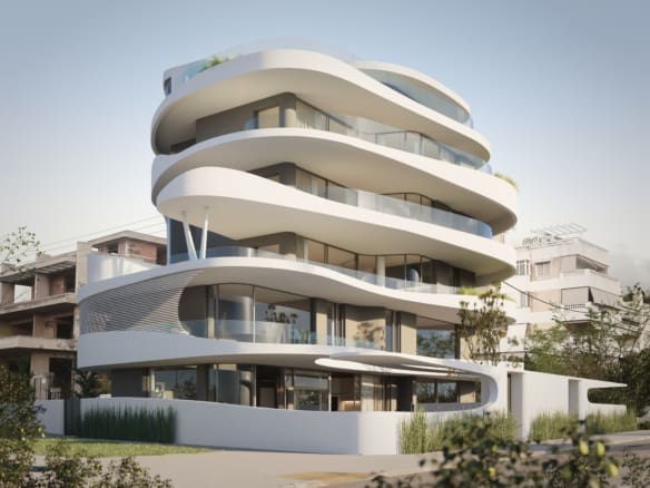 Exterior view of a luxury penthouse in Glyfada, featuring a private rooftop pool, lush garden, and modern architectural design, set in a prime location with panoramic city and marina views