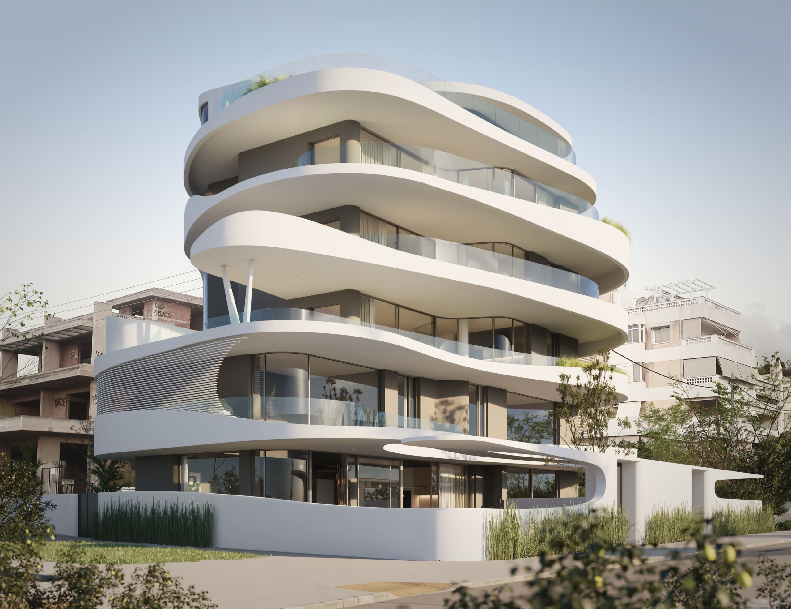 Exterior view of a luxury penthouse in Glyfada, featuring a private rooftop pool, lush garden, and modern architectural design, set in a prime location with panoramic city and marina views