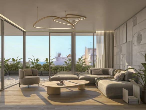 Bright living room with oak flooring – Voula real estate