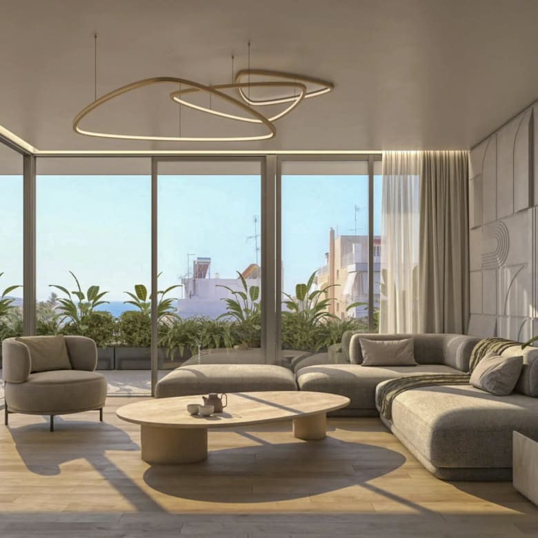 Bright living room with oak flooring – Voula real estate