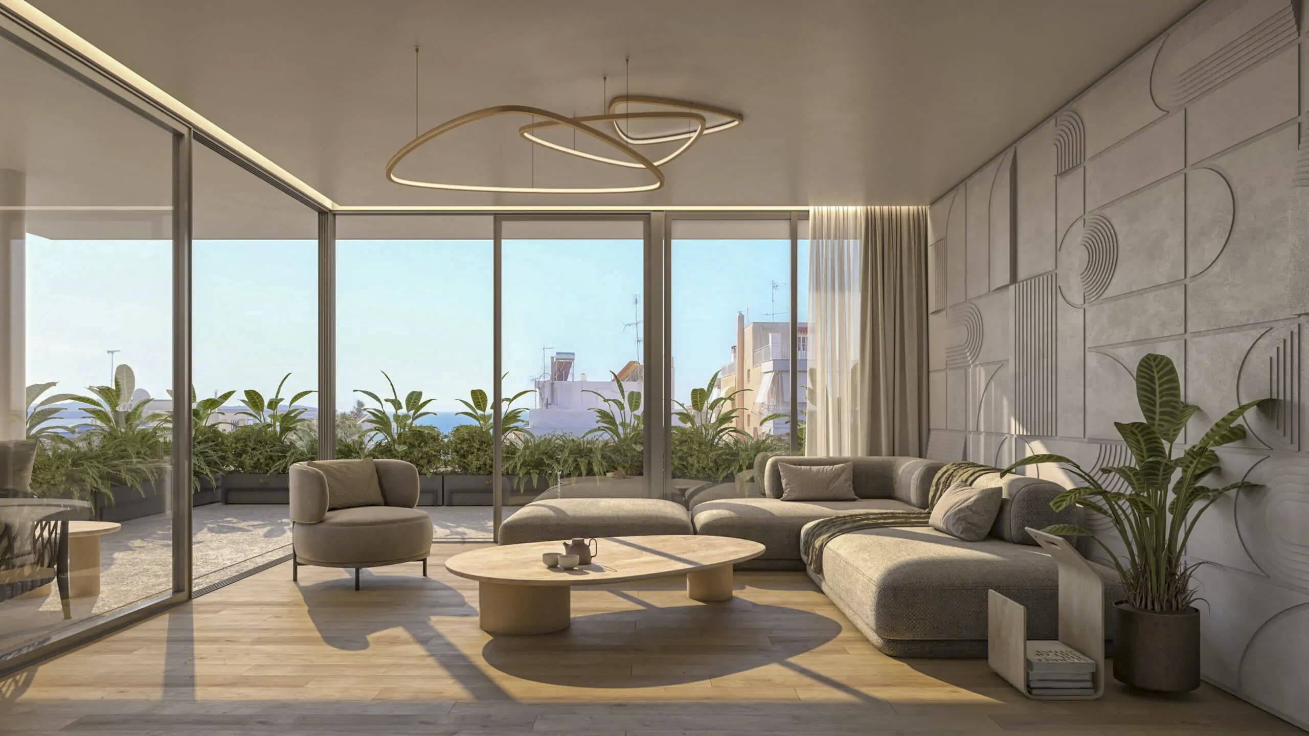 Bright living room with oak flooring – Voula real estate