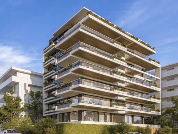Exterior of luxury duplex apartment building in Glyfada with modern design